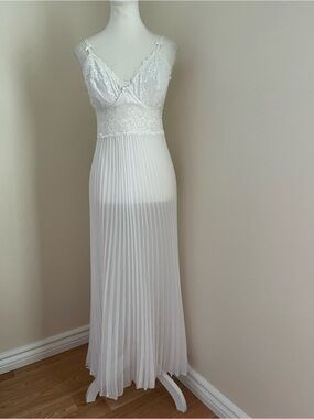 White Pleated Lace Maxi Slip Dress